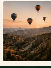 Hot air balloons over a travel landscape