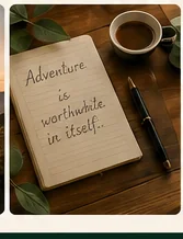 Travel journal and coffee on a wooden table